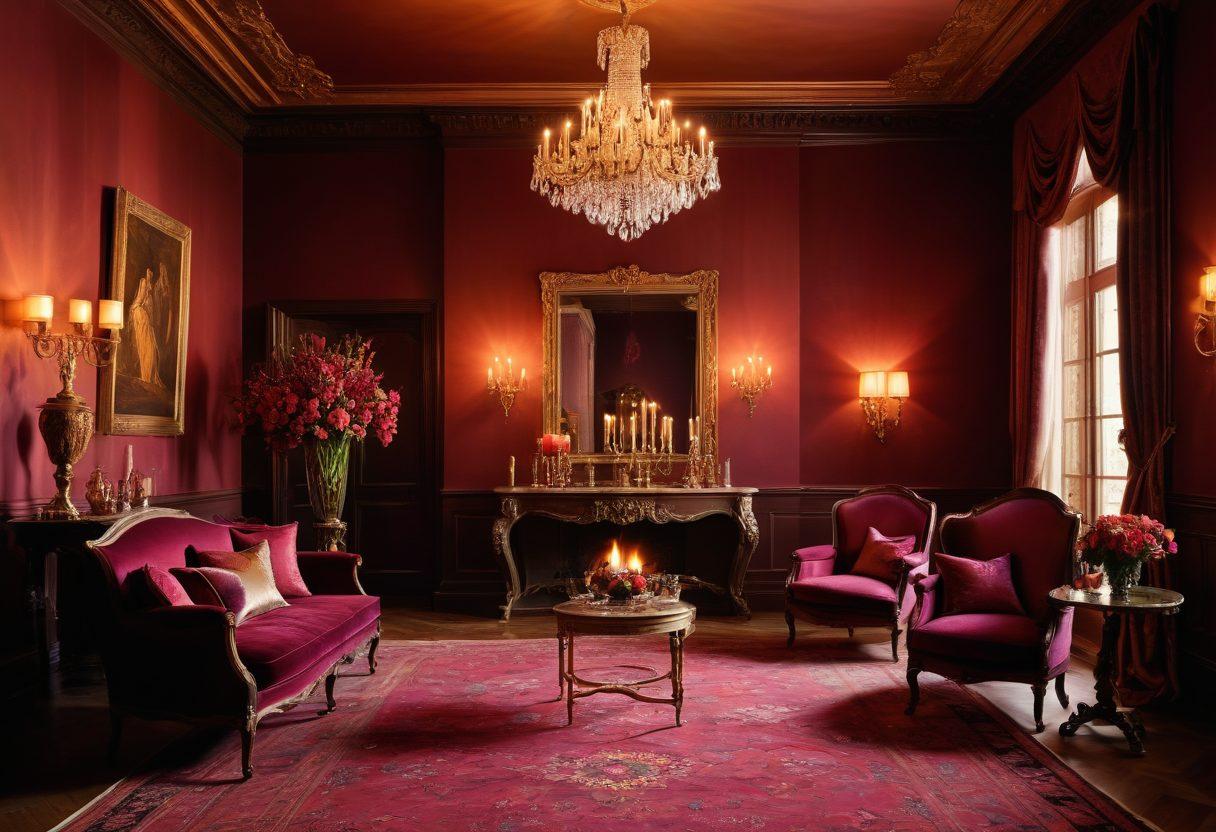 A mysterious and alluring scene set in a dimly lit room adorned with rich, heavy fabrics and elegant candlelight. Silhouettes of intertwined bodies create a sense of intimacy and allure, symbolizing the art of pleasure. Subtle hints of luxury, like fine wine and exotic flowers, enhance the atmosphere. The color palette includes deep reds and purples, evoking a sense of passion and intrigue. surrealist. rich textures. warm glow.
