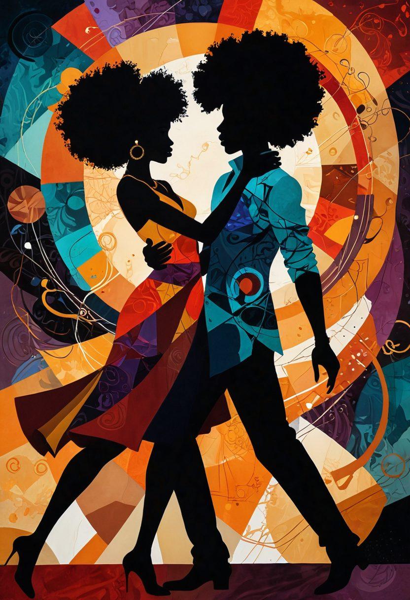 A surreal representation of intimacy and exploration, featuring Afro-inspired elements intertwined with abstract shapes. Include rich, deep colors that evoke a sense of mystery and allure, with silhouettes of a couple in a graceful dance, surrounded by symbols of adventure. The background should be a blend of dark tones and vibrant accents, reflecting both intimacy and excitement. painting. vibrant colors. abstract style.